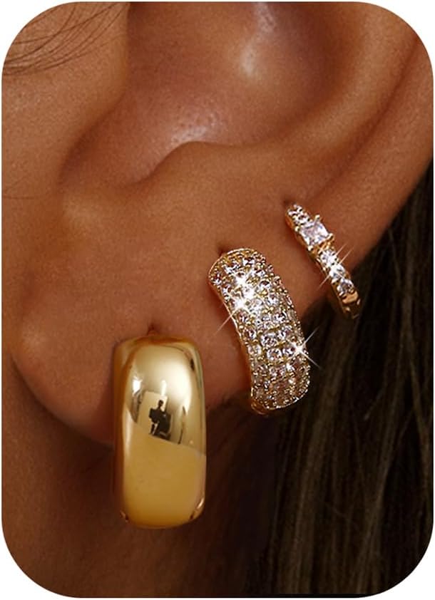 Small 14K Gold Plated Chunky Hoop Earrings for Women Hypoallergenic Silver Earrings Set for Sensitive Ears Non Tarnish Huggie Hoops Earring Stacks for Multiple Piercing Jewelry Lightweight 3Pairs