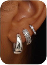 Small 14K Gold Plated Chunky Hoop Earrings for Women Hypoallergenic Silver Earrings Set for Sensitive Ears Non Tarnish Huggie Hoops Earring Stacks for Multiple Piercing Jewelry Lightweight 3Pairs