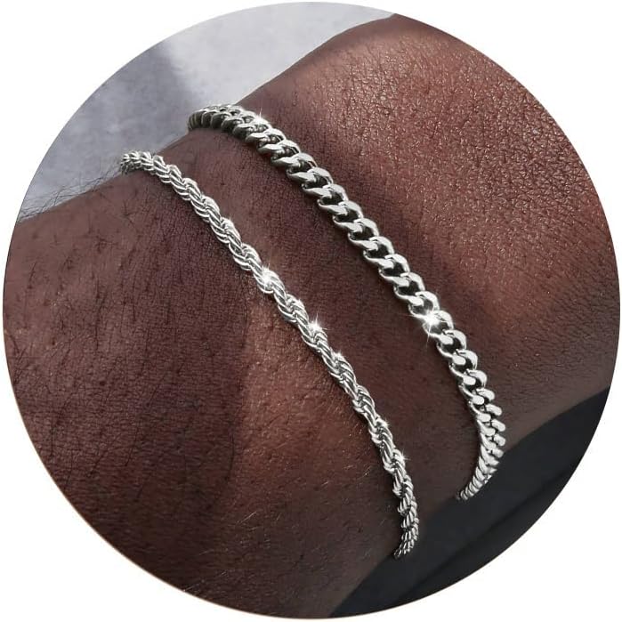 14K Gold Plated/Silver Bracelets for Men Layered Cuban Rope Chain Bracelets 3Mm/5Mm Dainty Bracelets for Mens 6.5-9 Inches Jewelry Gifts