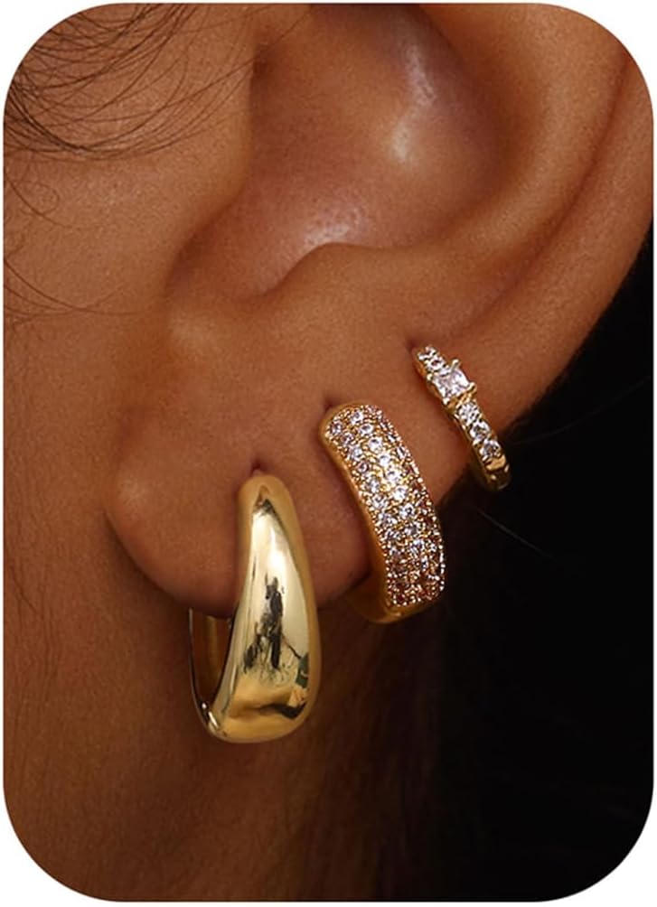 Small 14K Gold Plated Chunky Hoop Earrings for Women Hypoallergenic Silver Earrings Set for Sensitive Ears Non Tarnish Huggie Hoops Earring Stacks for Multiple Piercing Jewelry Lightweight 3Pairs