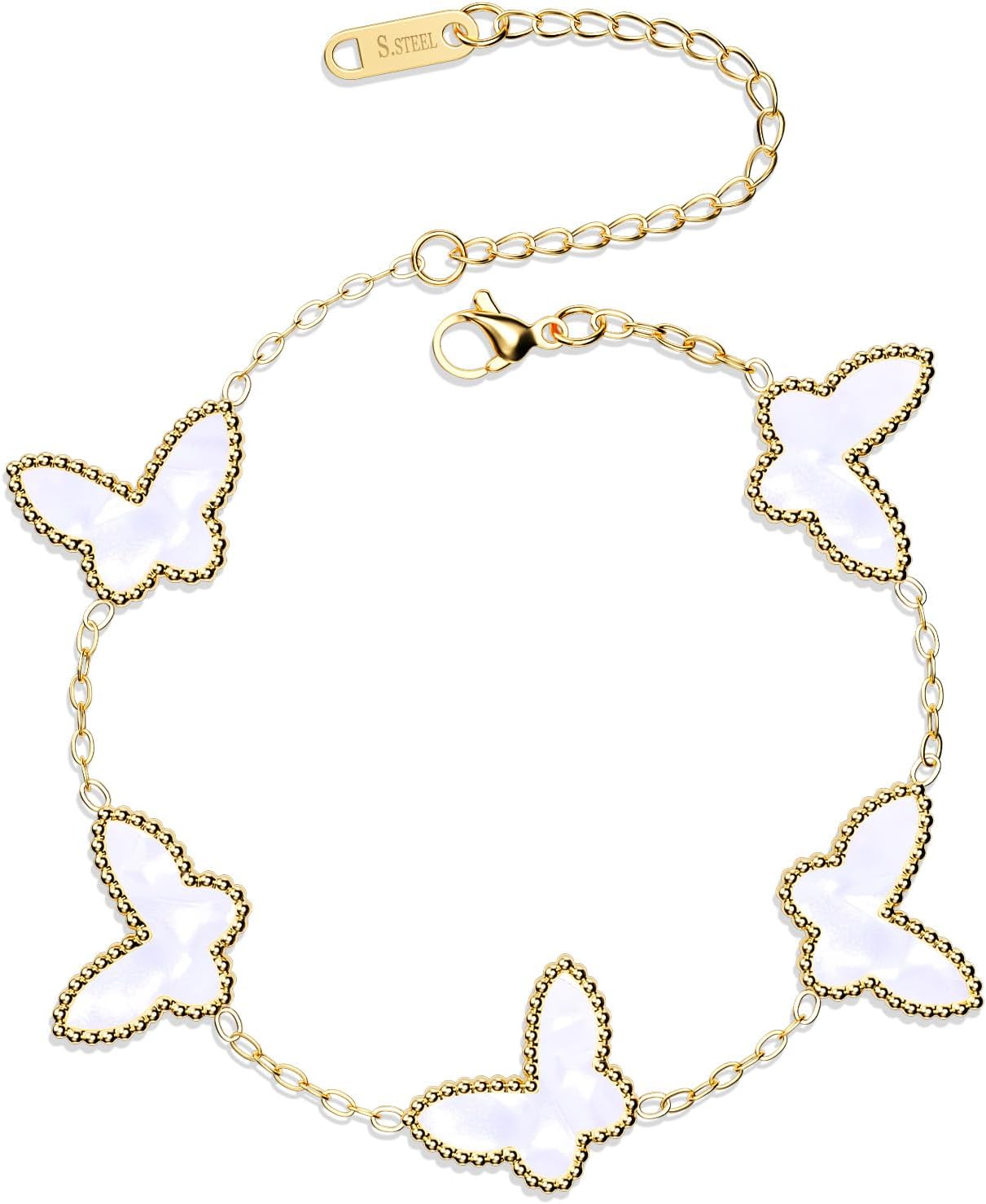 18K Gold Plated Clover Bracelet Dupes Gold/White/Black Bracelet Set for Women Flower Leaf Lucky Clover Bracelets Trendy Jewelry Birthday Gifts for Women/Mon/Friends