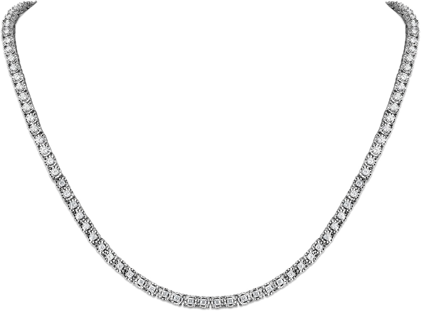 2 Carat round Lab Grown Diamond Tennis Necklaces in Sterling Silver, Chain Length 16.5 Inches, round Cut 3.7 Mm, J-K Color, I1-I2 Clarity, 75% Diamond Coverage, Gift Box Included