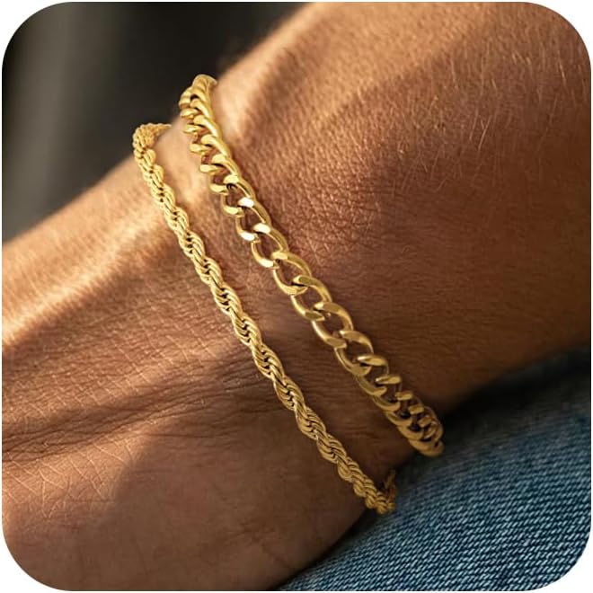 14K Gold Plated/Silver Bracelets for Men Layered Cuban Rope Chain Bracelets 3Mm/5Mm Dainty Bracelets for Mens 6.5-9 Inches Jewelry Gifts