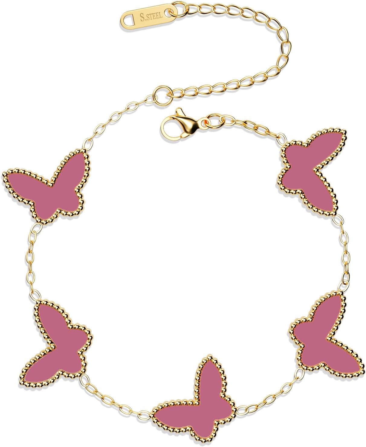 18K Gold Plated Clover Bracelet Dupes Gold/White/Black Bracelet Set for Women Flower Leaf Lucky Clover Bracelets Trendy Jewelry Birthday Gifts for Women/Mon/Friends