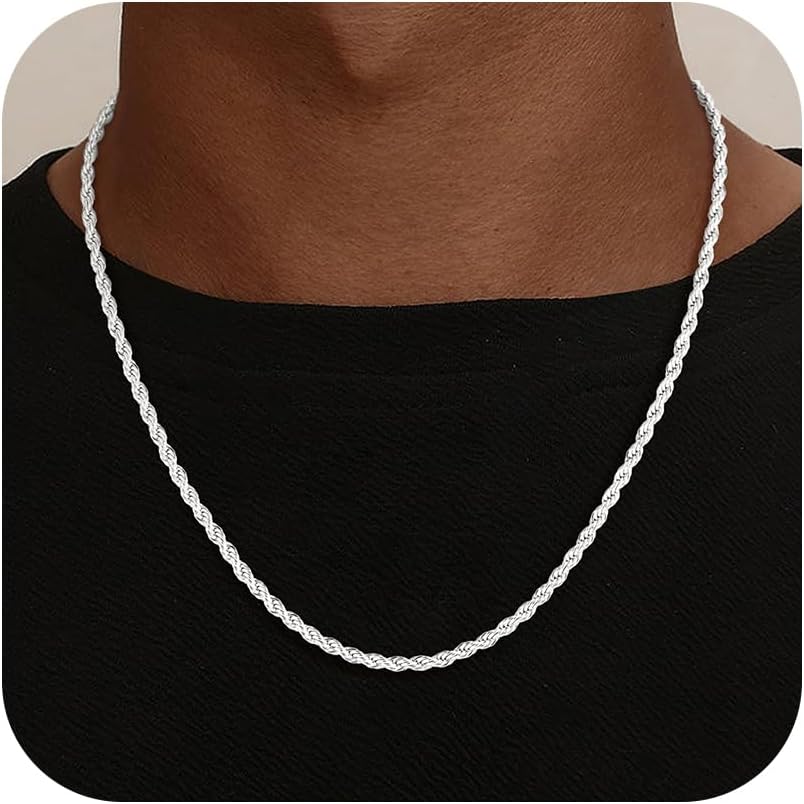 S925 Sterling Silver Chain for Men, 3Mm/4Mm Rope Chain Necklace for Women Men Jewelry Silver Necklace Chains 16 18 20 22 24 Inch