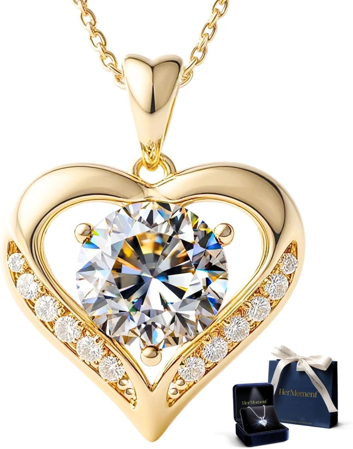 Moissanite Necklace for Women - 14K Gold Heart Necklaces - Moissanite Pendant 2 - 3 Carat - Valentines Day Love for Women - Jewelry Gift for Anniversary, Girlfriend Birthday - Jewelry for Wife from Husband