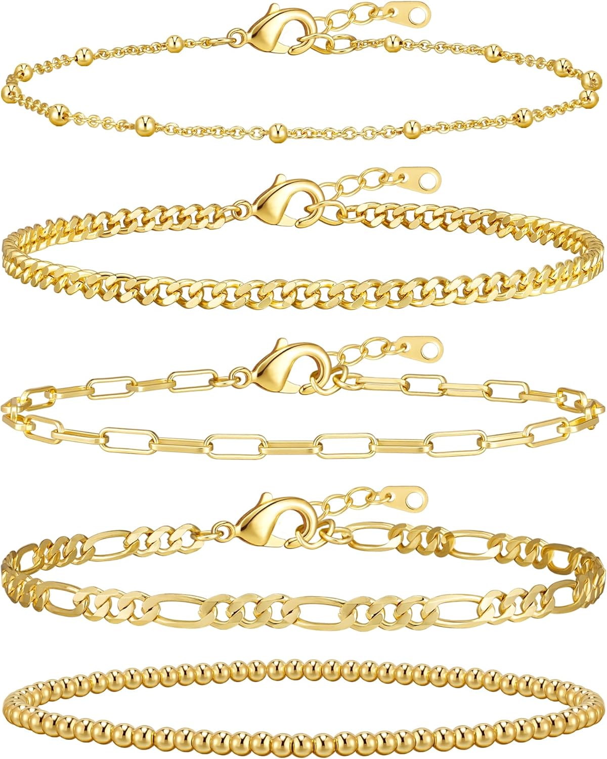 stackable gold braceletsGold Bracelets for Women, 14K Gold Plated Stackable Bracelet Stack Set Adjustable Charm Paperclip Chain Cuban Link Layered Waterproof Jewelry Sets Gifts for Womens 6.0/6.8/7.2"