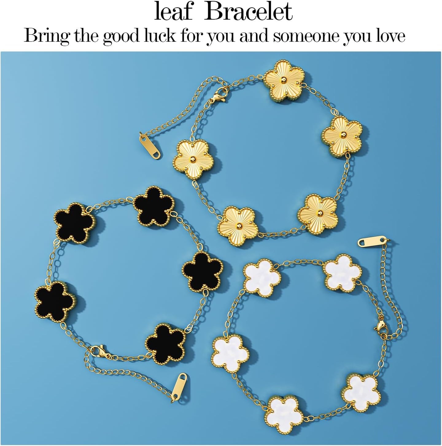 18K Gold Plated Clover Bracelet Dupes Gold/White/Black Bracelet Set for Women Flower Leaf Lucky Clover Bracelets Trendy Jewelry Birthday Gifts for Women/Mon/Friends
