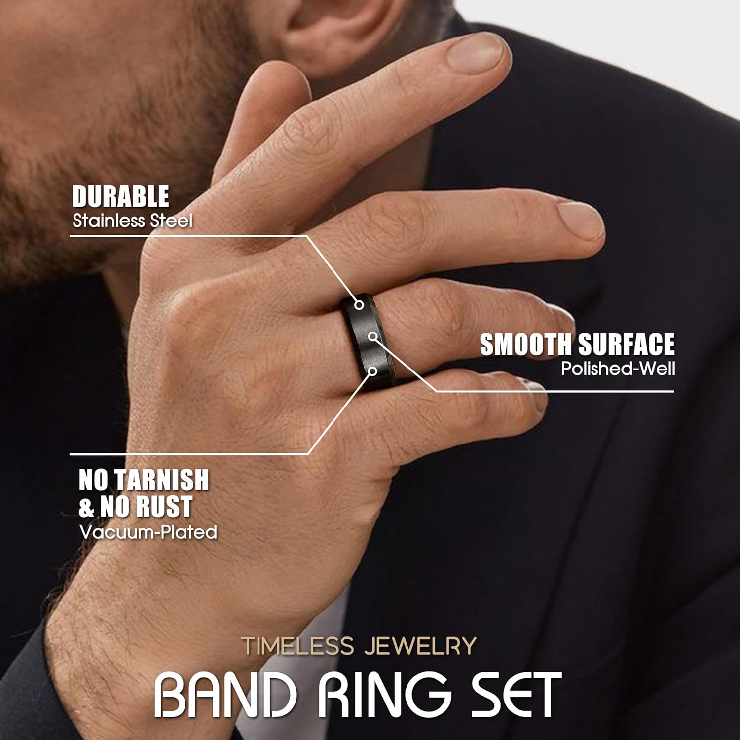 Stainless Steel Rings for Men Wedding Ring Cool Simple Band 8MM Width 3 Pcs a Set