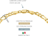 Mens Gold Bracelet 18K Gold Plated 925 Sterling Silver - 5Mm Cuban Link Curb Chain & Figaro Link Bracelets for Men - Sizes 6.5,7,8,9 Inch