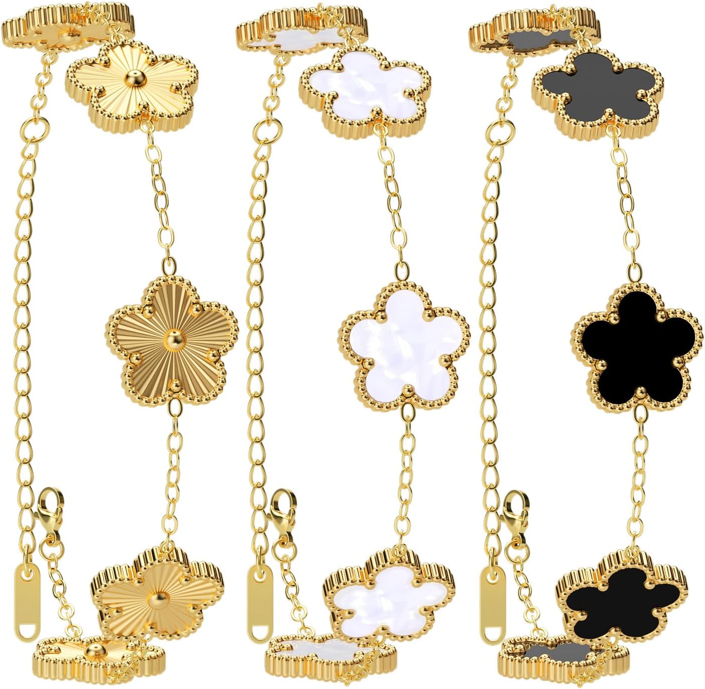 18K Gold Plated Clover Bracelet Dupes Gold/White/Black Bracelet Set for Women Flower Leaf Lucky Clover Bracelets Trendy Jewelry Birthday Gifts for Women/Mon/Friends